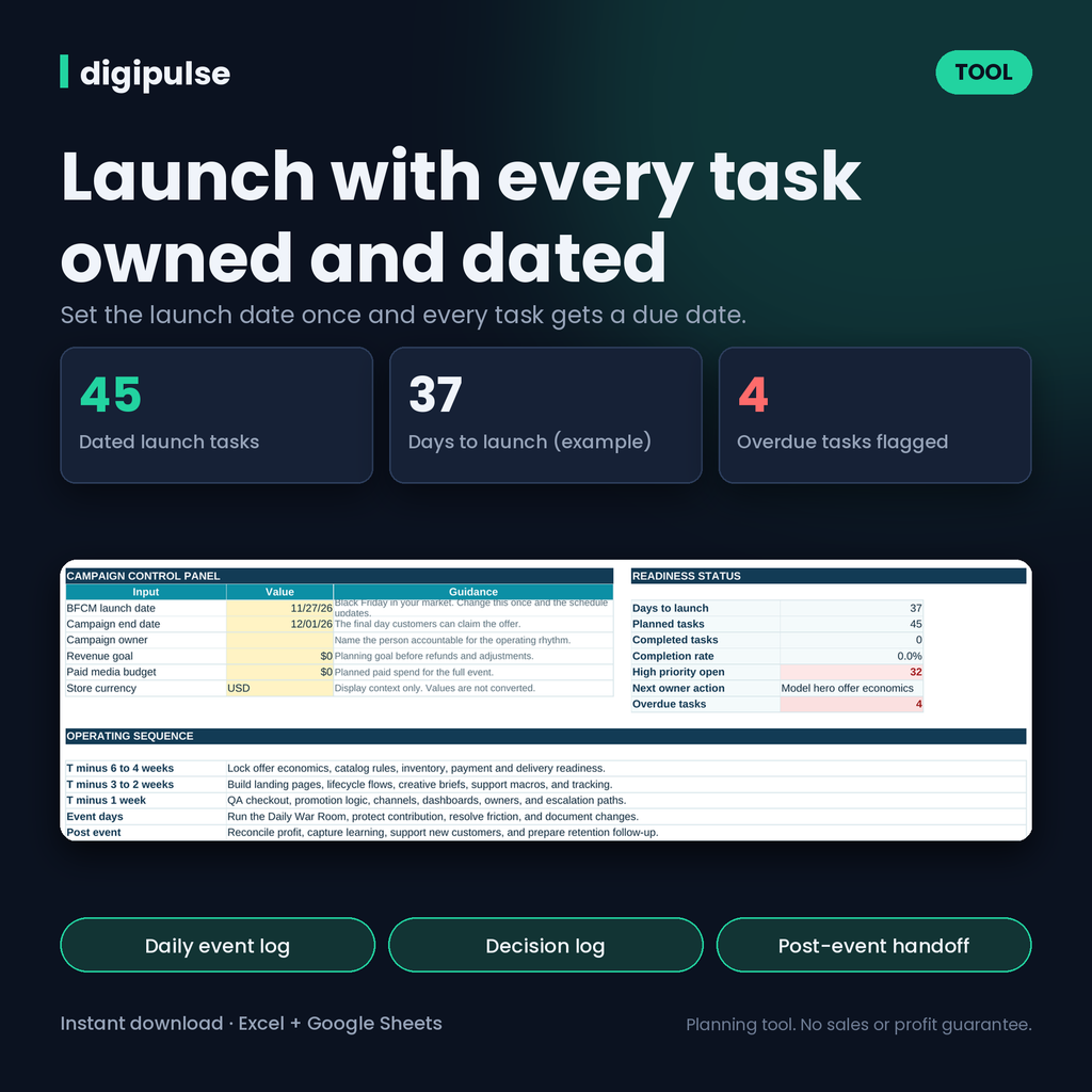 Black Friday Campaign Tracker and Calendar: Daily Log, Task Planner, Decision Log (Excel + Google Sheets)